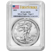Серебряная монета 1oz Американский Орел 1 доллар 2021 США (Тип 2) (PCGS MS70, First Strike)