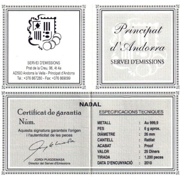 Золота монета 6g Благовіщення 25 дінер 2010 Андора