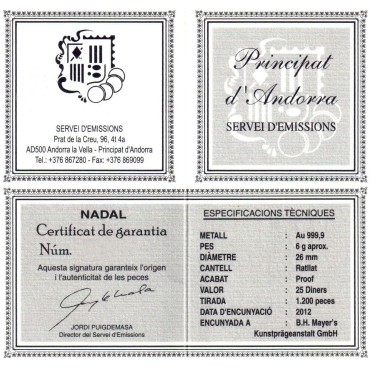 Золота монета 6g Ангели 25 дінер 2012 Андора
