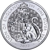 Серебряная монета 2oz Лев Англии "Королевские Звери Тюдоров" 5 фунтов 2022 Великобритания