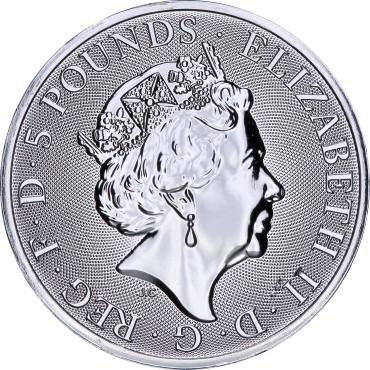 Серебряная монета 2oz Лев Англии "Королевские Звери Тюдоров" 5 фунтов 2022 Великобритания