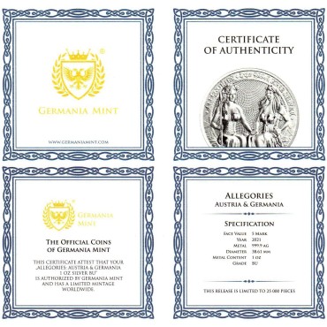 Серебряный раунд 1oz Аллегории Австрии и Германии 5 Марок 2021 Германия