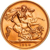 Золотая монета Соверен Елизаветы II 1958 Великобритания