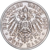 Серебряная монета 5 марок 1900 Ольденбург Германская Империя
