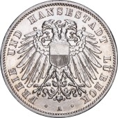 Серебряная монета 3 марки 1914 Любек Германская Империя