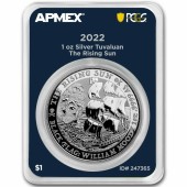 Серебряная монета 1oz Пиратский корабль «Восходящее Солнце» 1 доллар 2022 Тувалу (MD Premier + PCGS FirstStrike®)