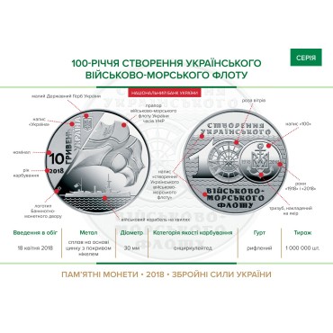 Монета 100 років ВМФ України 10 гривень Україна 2018