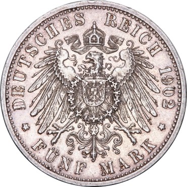 Серебряная монета "50-летие правления Фридриха I" 5 марок 1902 Баден Германская Империя