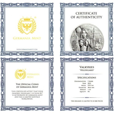 Серебряный раунд 1oz Валькирии: Хильдегард 5 марок 2022 Германия