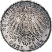 Серебряная монета 3 марки 1910 Саксония Германская Империя