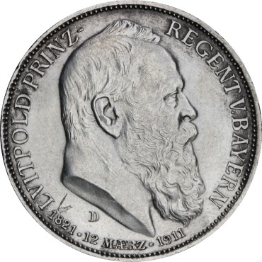 Срібна монета "90 років із дня народження Луітпольда Баварського" 3 марки 1911 Баварія Німецька імперія