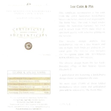 Серебряная монета 1oz Кукабарра 1 доллар 2004 Австралия (позолота)