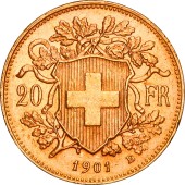 Золота монета Гельвеція 20 франків 1901 Швейцарія