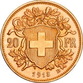 Золотая монета Гельвеция 20 франков 1913 Швейцария