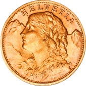 Золотая монета Гельвеция 20 франков 1913 Швейцария