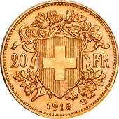Золотая монета Гельвеция 20 франков 1915 Швейцария