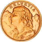 Золотая монета Гельвеция 20 франков 1915 Швейцария