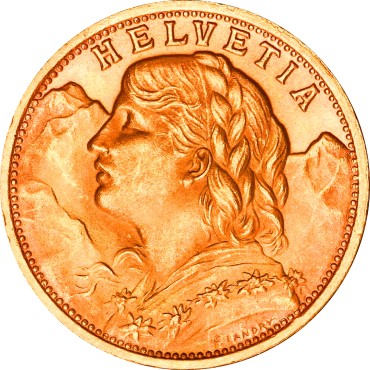 Золота монета Гельвеція 20 франків 1927 Швейцарія