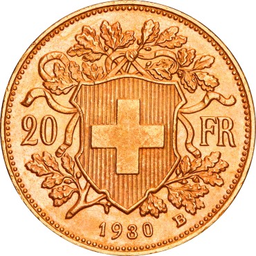 Золотая монета Гельвеция 20 франков 1930 Швейцария