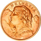 Золотая монета Гельвеция 20 франков 1930 Швейцария