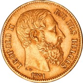 Золотая монета 20 франков 1871 Бельгия