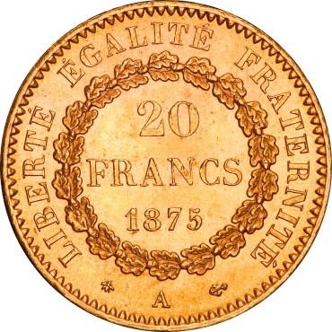 Золотая монета 20 франков 1875 Франция