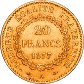 Золотая монета 20 франков 1877 Франция
