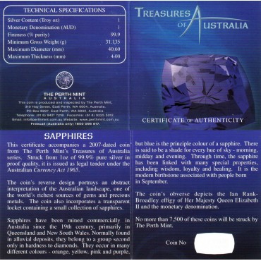 Серебряная монета 1oz Сокровища Австралии Сапфир 1 доллар 2007 Австралия