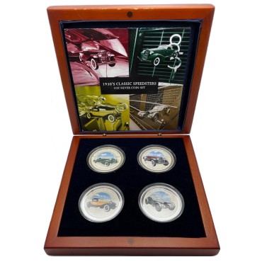 Набор серебряных монет 1oz (4 шт.) Классические Спидстеры 1930-х 2 доллара 2006 Острова Кука (цветные)