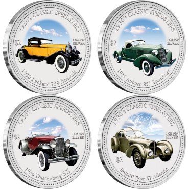 Набор серебряных монет 1oz (4 шт.) Классические Спидстеры 1930-х 2 доллара 2006 Острова Кука (цветные)