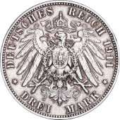 Серебряная монета 3 марки 1911 Саксония Германская Империя