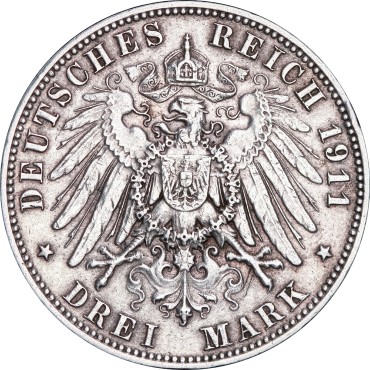 Серебряная монета 3 марки 1911 Саксония Германская Империя