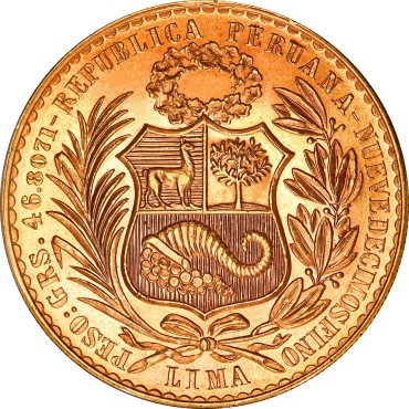 Золотая монета 100 солей 1962 Перу