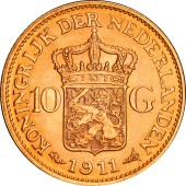 Золотая монета Королева Вильгельмина 10 гульденов 1911 Нидерланды