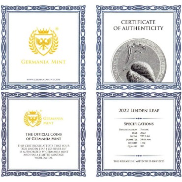 Серебряный раунд 1oz Лист Липы 5 марок 2022 Германия