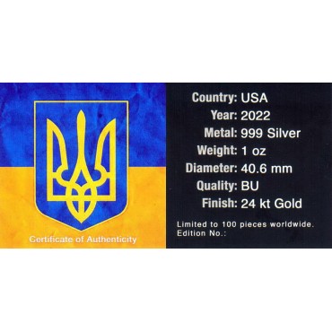 Серебряная монета 1oz Американский Орел "Флаг Украины" 1 доллар 2022 США (Тип 2, позолота, цветная)