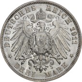 Серебряная монета 3 марки 1911 Вюртемберг Германская империя