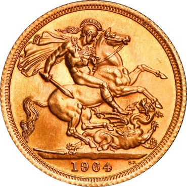 Золотая монета Соверен Елизаветы II 1964 Великобритания