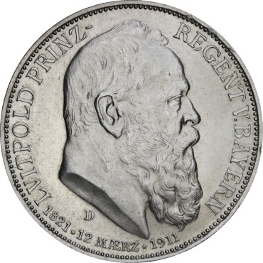 Срібна монета "90 років із дня народження Луітпольда Баварського" 3 марки 1911 Баварія Німецька імперія