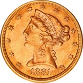 Золота монета Американський Орел 5 доларів 1881 США