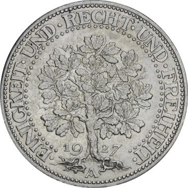 Срібна монета "Дуб" 5 марок 1927 Веймарська Республіка Німеччина
