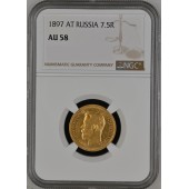 Золотая монета 7 рублей 50 копеек 1897 Николай 2 Россия NGC AU58