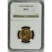 Золотая монета 10 рублей 1904 Николай 2 Россия NGC MS65