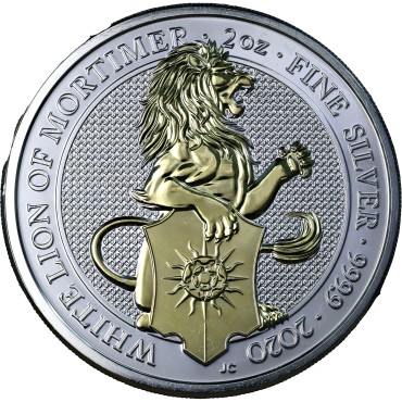 Срібна монета 2oz Білий Лев Мортімера (серія "Звірі Королеви") 5 фунтів стерлінгів 2020 Великобританія (позолота)