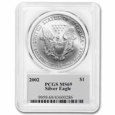Серебряная монета 1oz Американский Орел 1 доллар 2002 США (PCGS MS69, Black Label)