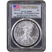 Серебряная монета 1oz Американский Орел 1 доллар 2021 США (PCGS MS69, First Strike, Emergency Issue, San Francisco)