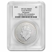 Серебряная монета 1oz Британия 2 английских фунта 2023 Великобритания (Король Карл III Коронация) (PCGS MS69, King Label)