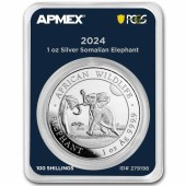 Серебряная монета 1oz Слон 100 шиллингов 2024 Сомали (MD Premier + PCGS FirstStrike®)