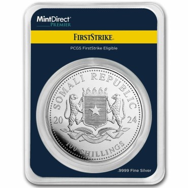 Серебряная монета 1oz Слон 100 шиллингов 2024 Сомали (MD Premier + PCGS FirstStrike®)