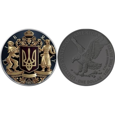 Серебряная монета 1oz Американский Орел "Герб Украины" 1 доллар 2023 США